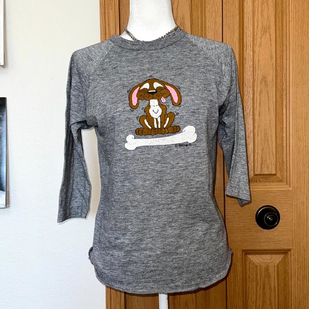 Vintage 1985 T Shirt Juniors Medium Gray Dog & Bone Graphic Print Raglan Sleeve